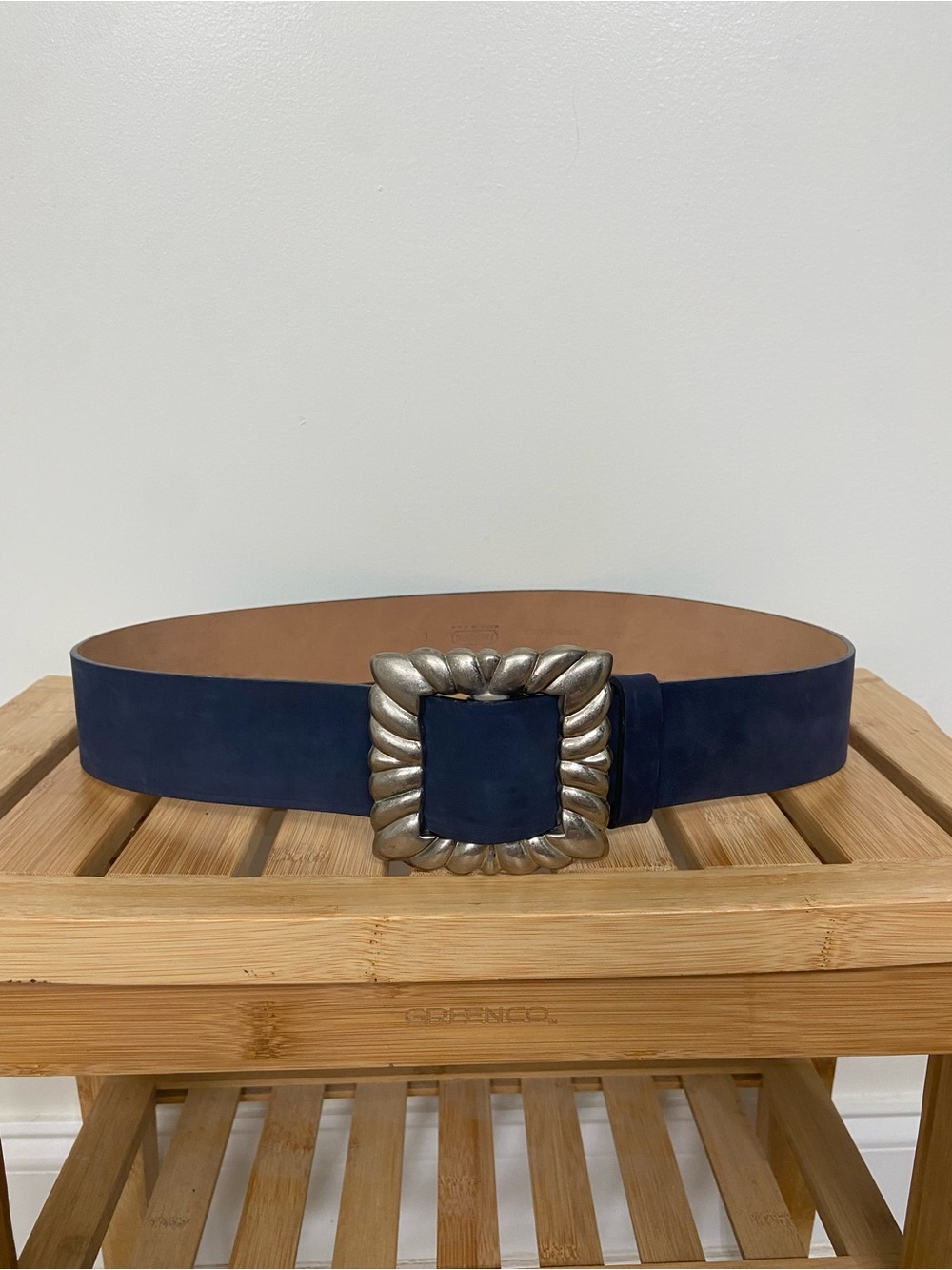 Vintage Harken Ltd Navy Blue Genuine Leather Belt Large Oversized Silver Buckle